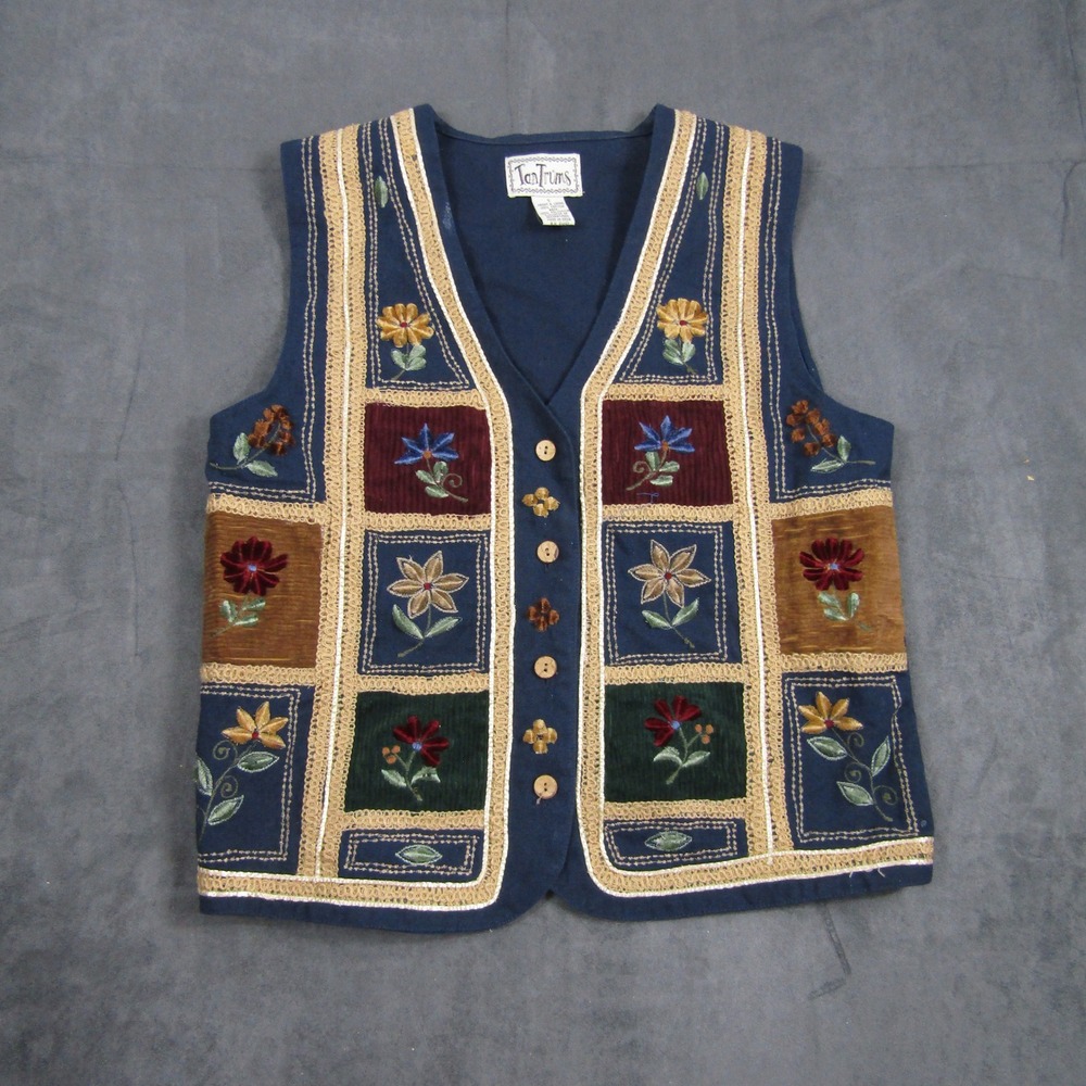 TanTrums Vest Women Small Blue Embroidered Floral Patchwork Corduroy Boho 00481